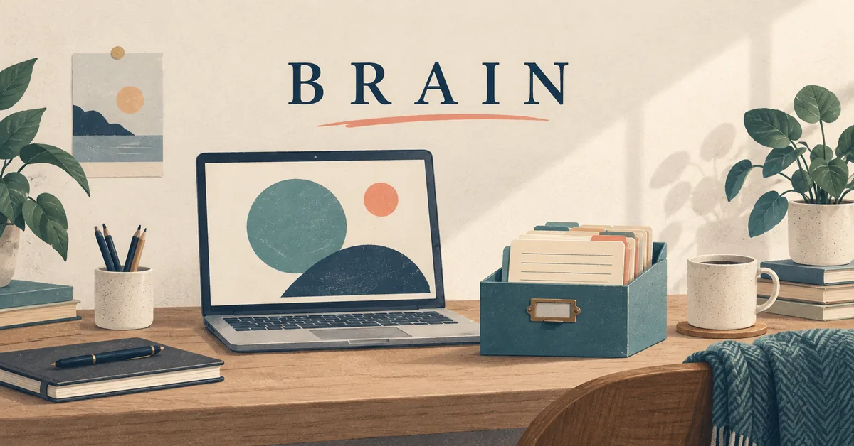 PCと整理箱に収めた作業記録カードを描いたBRAINのイメージ