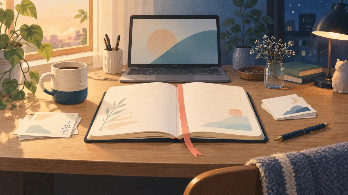 昼と夜の作業を一冊のノートと栞でつなぐ、開発の引き継ぎのイメージ
