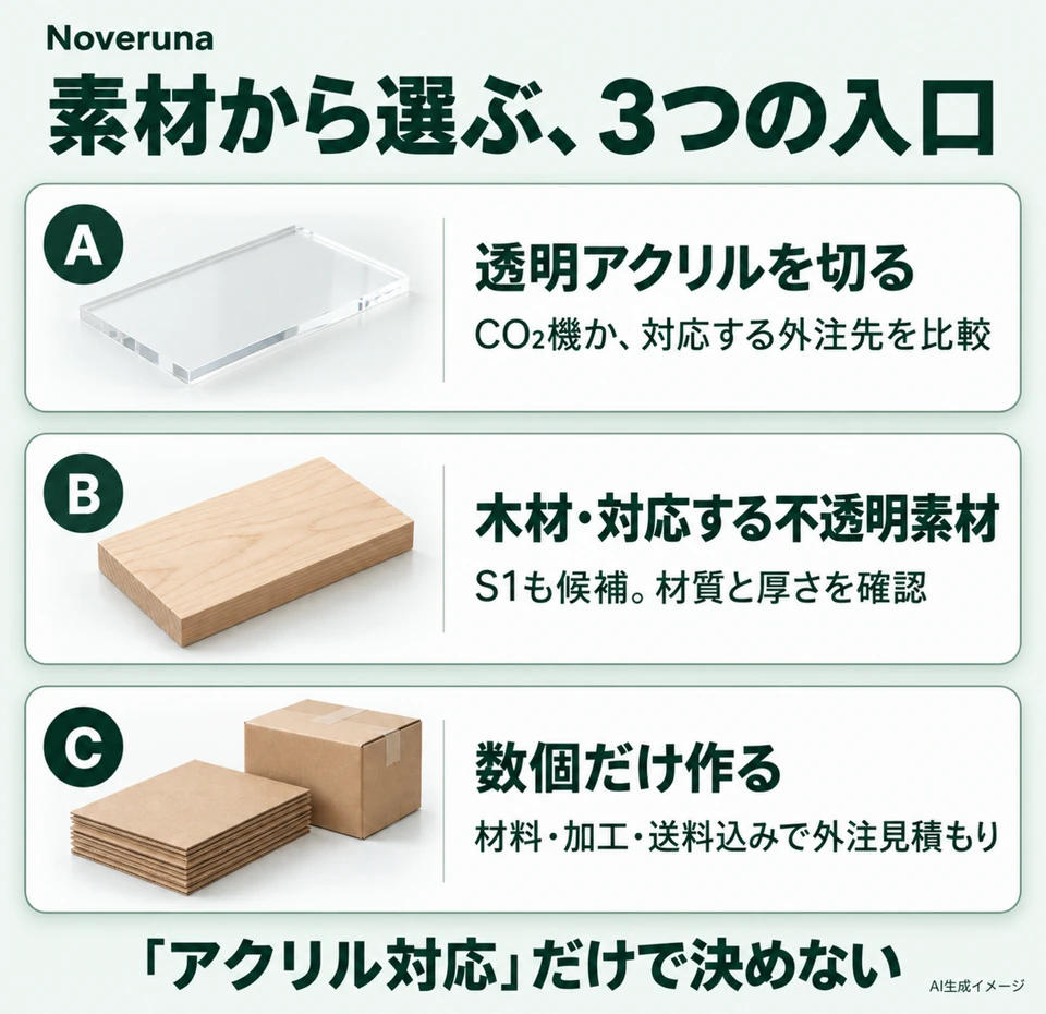 透明アクリル、木材・対応する不透明素材、少量外注の3つの入口