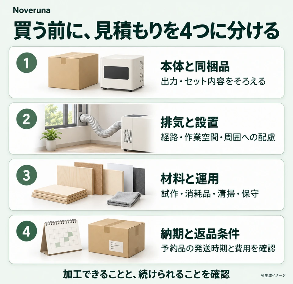 本体と同梱品、排気と設置、材料と運用、納期と返品条件の4項目