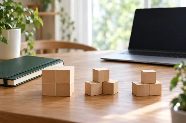 ノートと三つに分けた木製ブロックを置いた机。購入予算を分ける概念イメージ