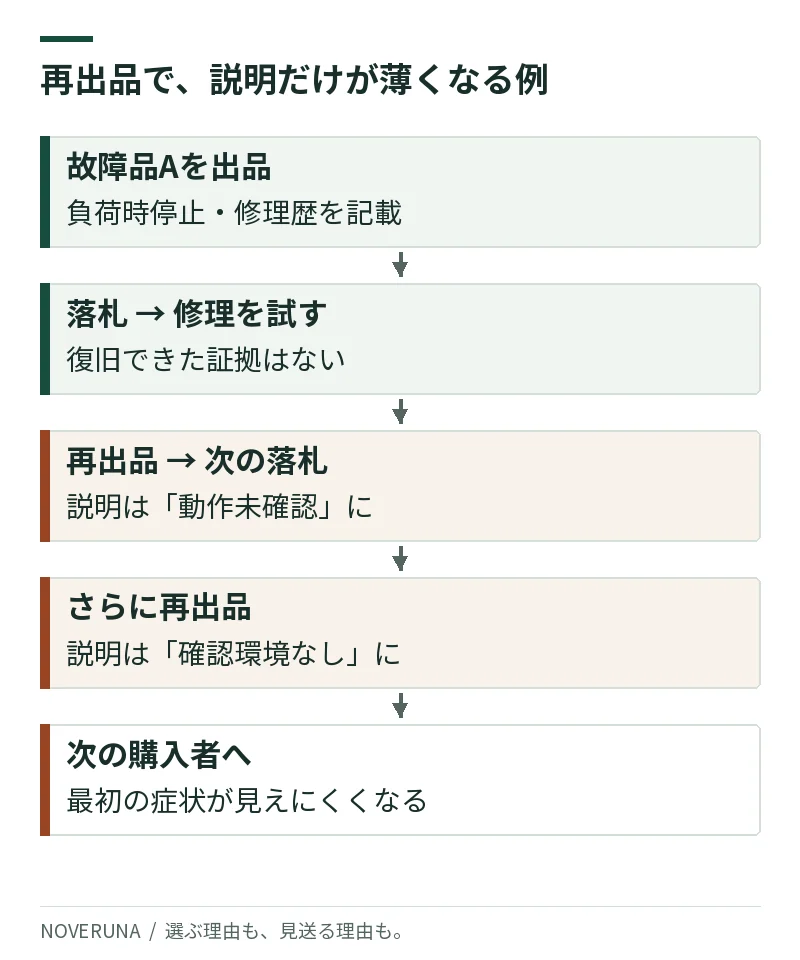 架空の故障品Aが落札・修理の試み・再出品・落札・再出品を経て、負荷時停止という説明が動作未確認、確認環境なしへ薄まる例。