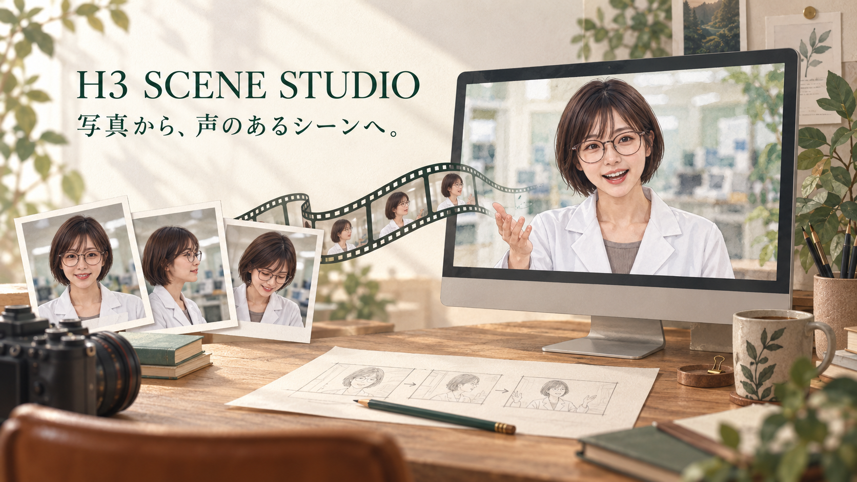 写真のカードからフィルムがつながり、モニターの白衣の女性が話し始めるH3 Scene Studioのイメージ