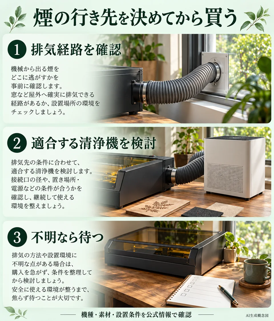 排気経路を確認し、適合する清浄機の追加を判断し、設置条件が不明なら購入を待つ流れ