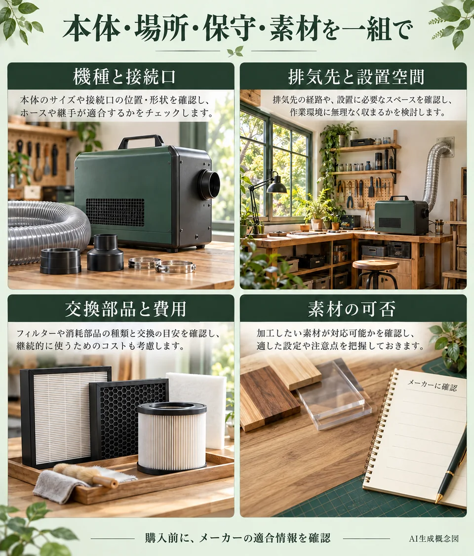 機種と接続口、排気先と設置空間、交換フィルター費、加工できる素材を購入前に照合する四つの確認
