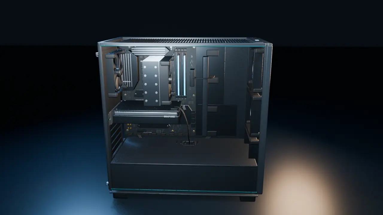 完成動画の18秒地点。側板を取り付けたPCケースの中に空冷クーラーとGPUが見える