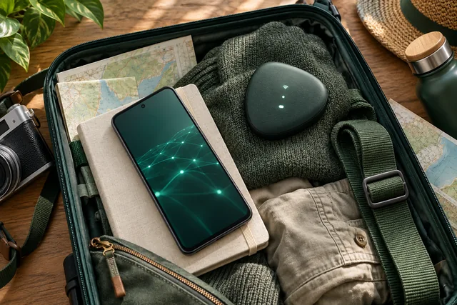 深緑の旅行用品と、スマートフォン・小型通信端末を並べた概念イメージ